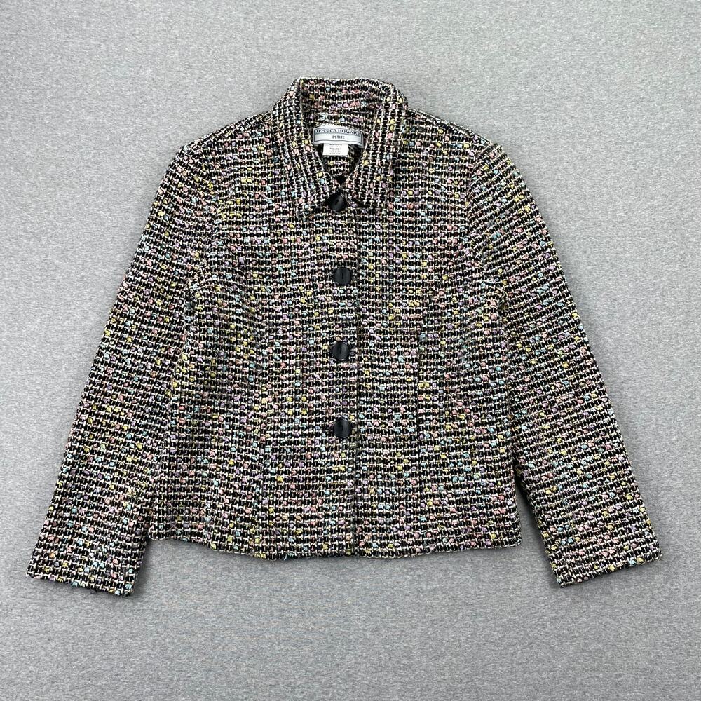 VTG 90s Jessica Howard Blazer Jacket Womens 12P Black Pastel Multicolor Tweed